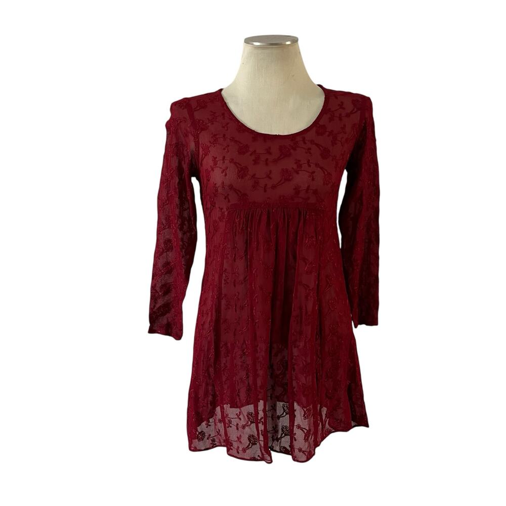 Vtg Y2K 2000s Red Lace Sheer Mesh Lace Babydoll Top Sz 2 Fairy Grunge Whimsygoth